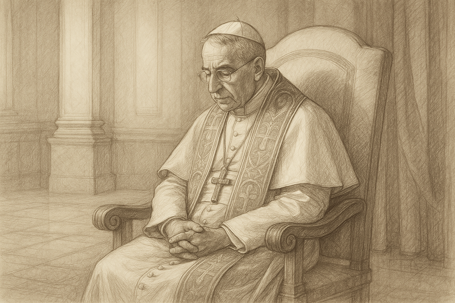 Sketch-style reverent portrait of Pope John Paul I in papal vestments