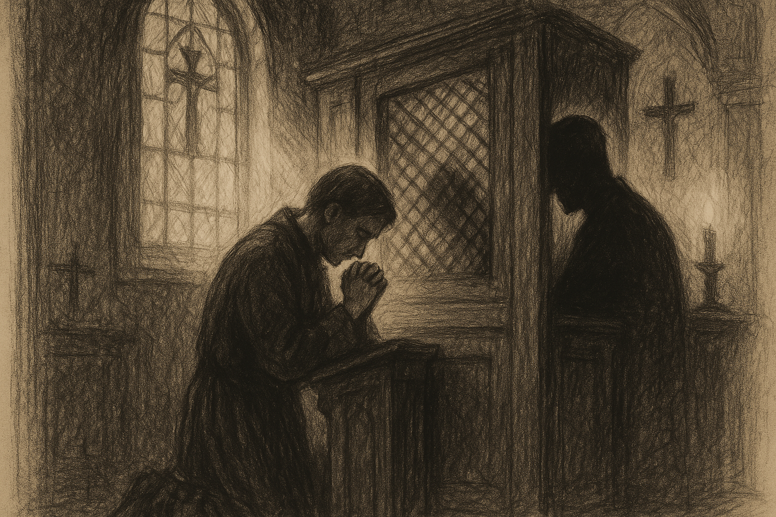 Sketch-style image of a penitent kneeling in a Catholic confessional with soft light and a reverent atmosphere