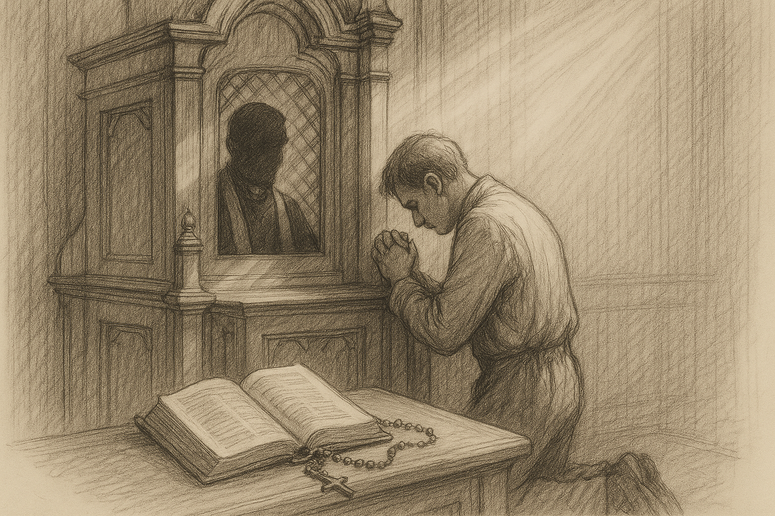 Sketch-style image of a Catholic confession scene with priest, penitent, and soft sacred light
