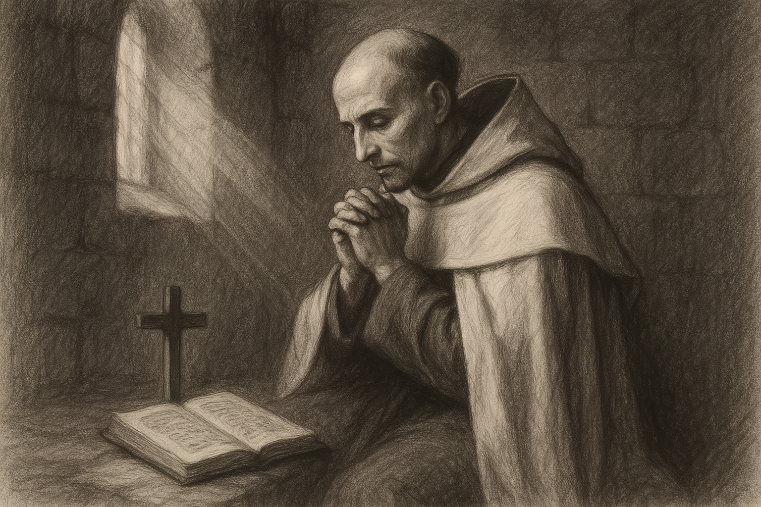 Sketch-style image of St. John of the Cross praying beside a cross and manuscript in a dim Carmelite cell