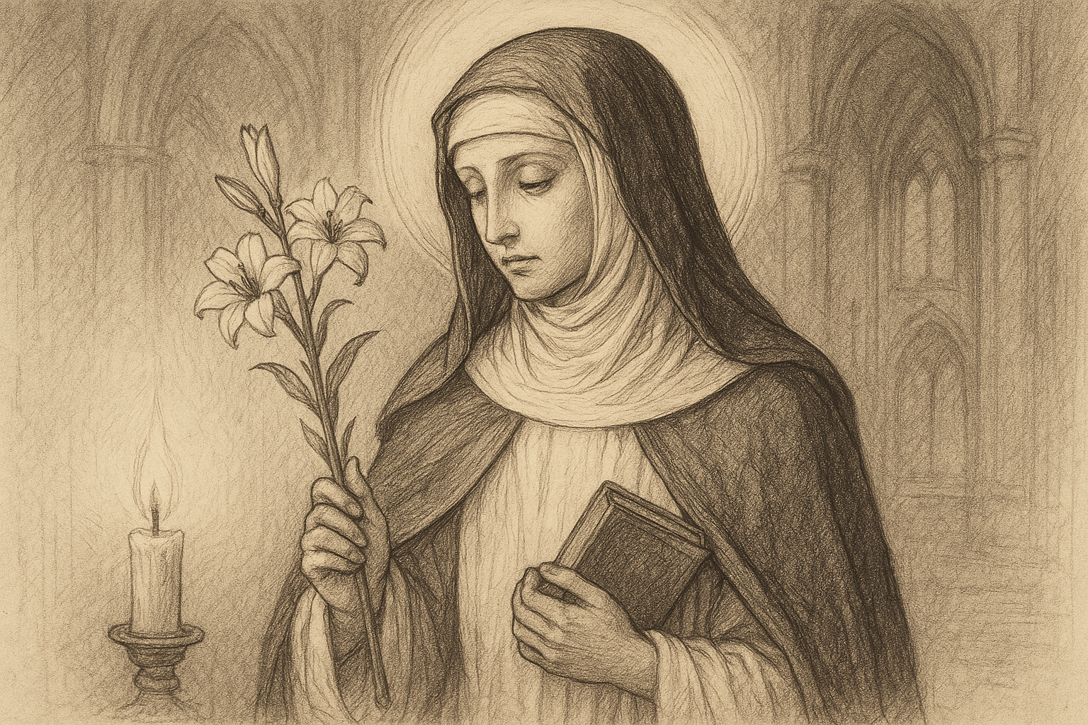 Sketch-style portrait of St. Catherine of Siena with a Dominican habit and a book, in a reverent church setting.