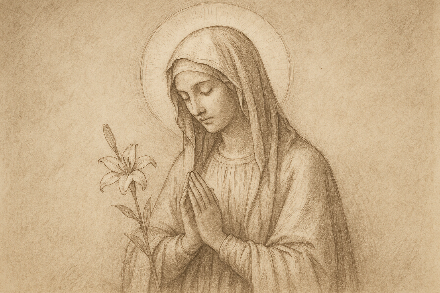 Sketch-style devotional image of the Blessed Virgin Mary in a reverent sacred composition