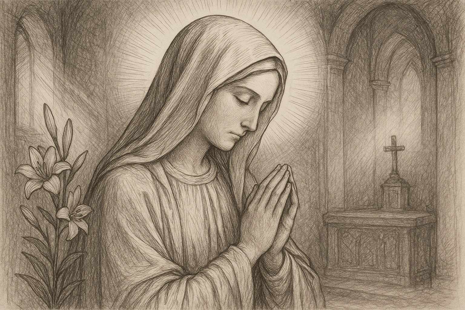 Sketch-style illustration of the Blessed Virgin Mary in prayer with soft sacred light