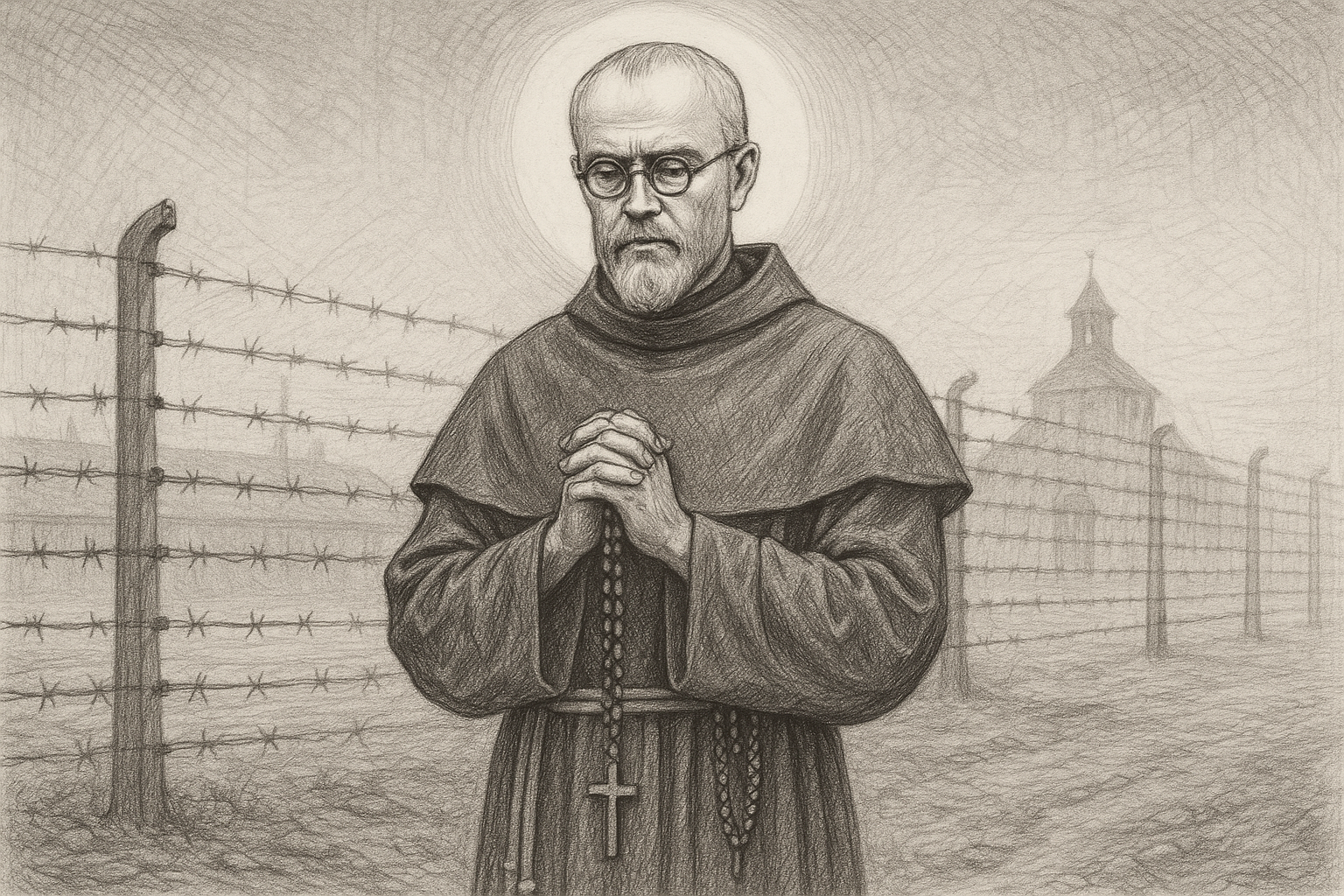 Reverent sketch of St. Maximilian Kolbe in Franciscan habit, praying in a solemn camp setting