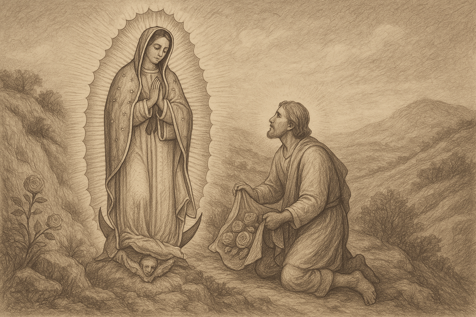 Sketch-style sacred depiction of Our Lady of Guadalupe appearing to Saint Juan Diego on Tepeyac Hill