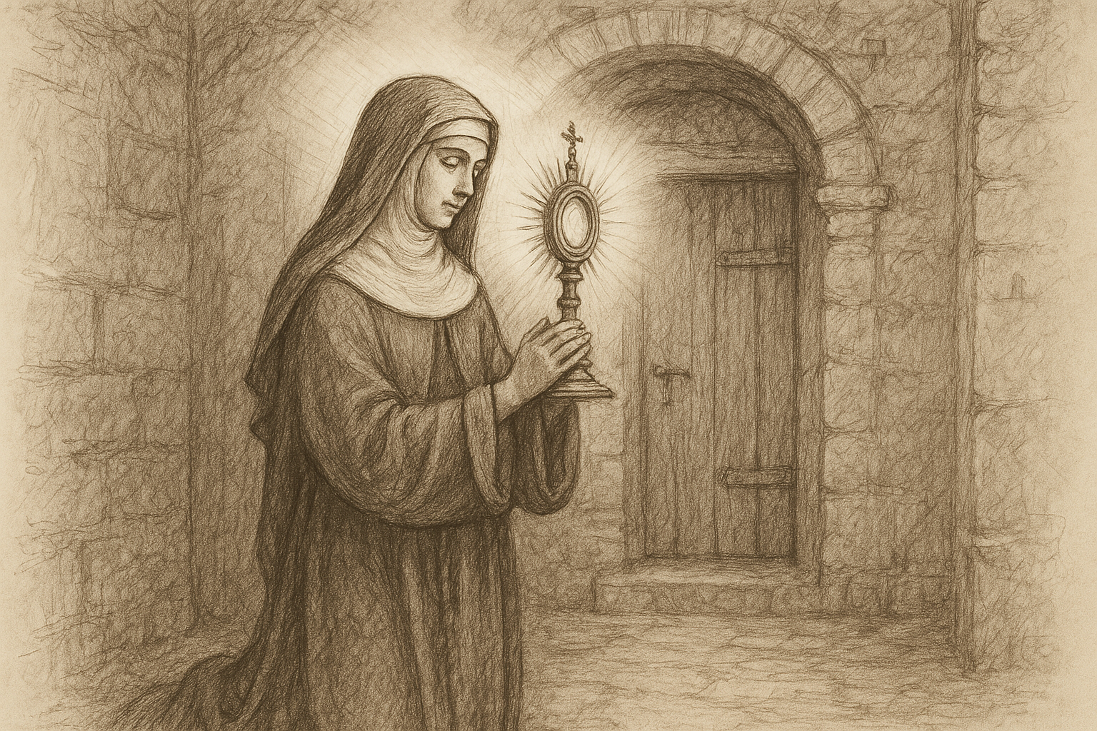 Sketch-style reverent image of St. Clare of Assisi praying before the Eucharist in a humble convent setting