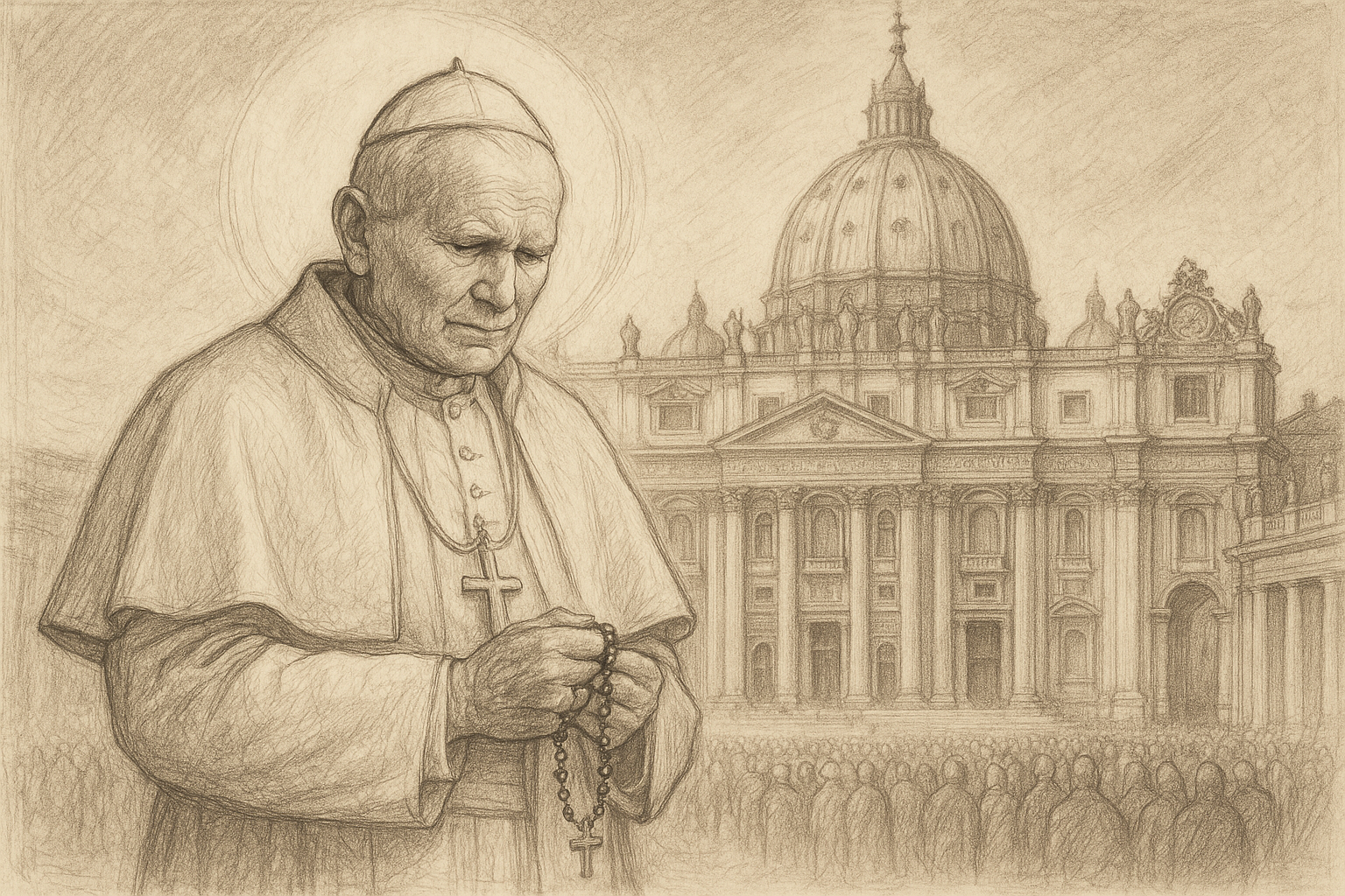 Sketch-style reverent illustration of Pope St. John Paul II with St. Peter's Basilica in the background