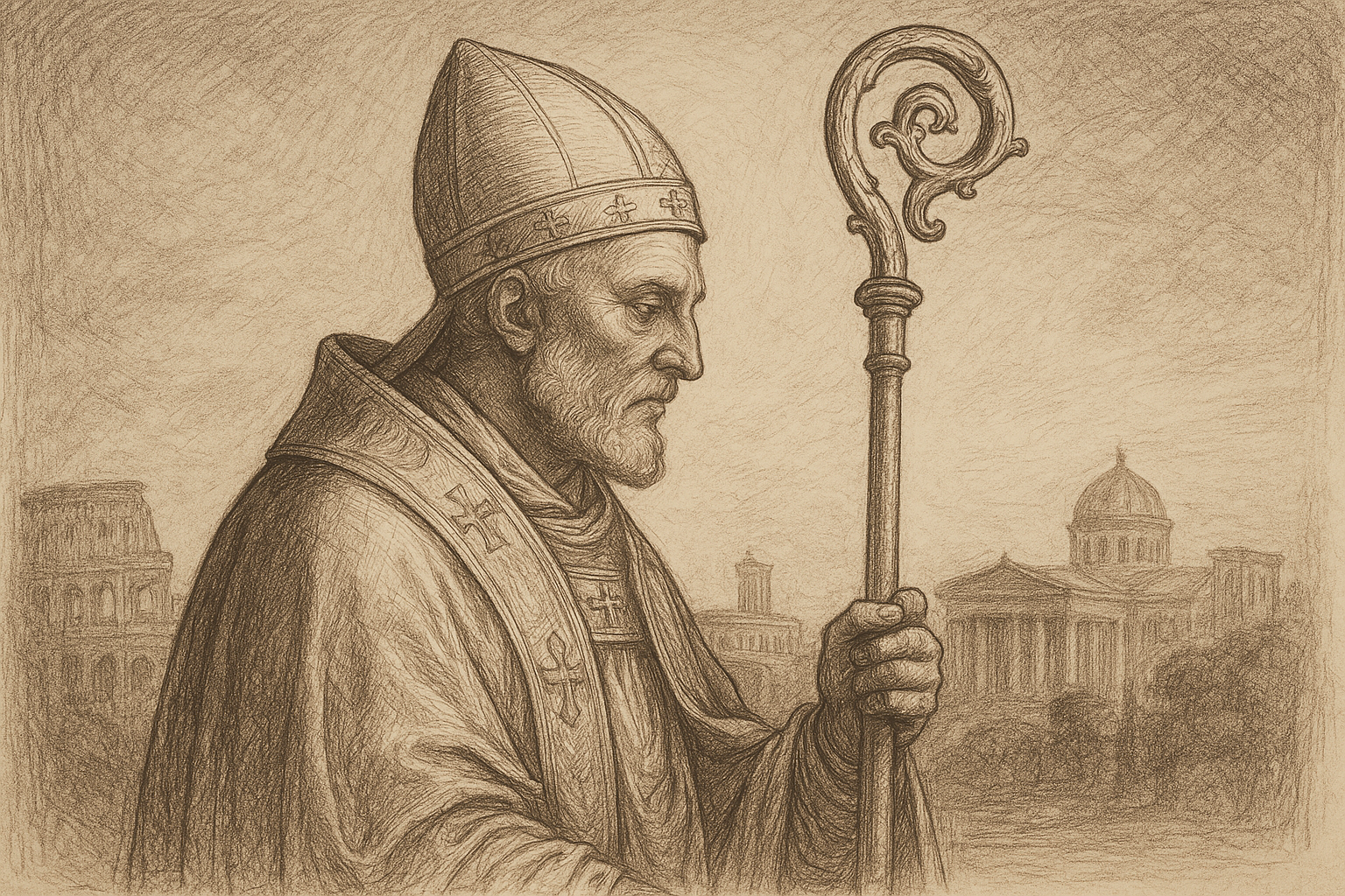 Sketch style image of St. Leo the Great in papal vestments with ancient Rome in the background