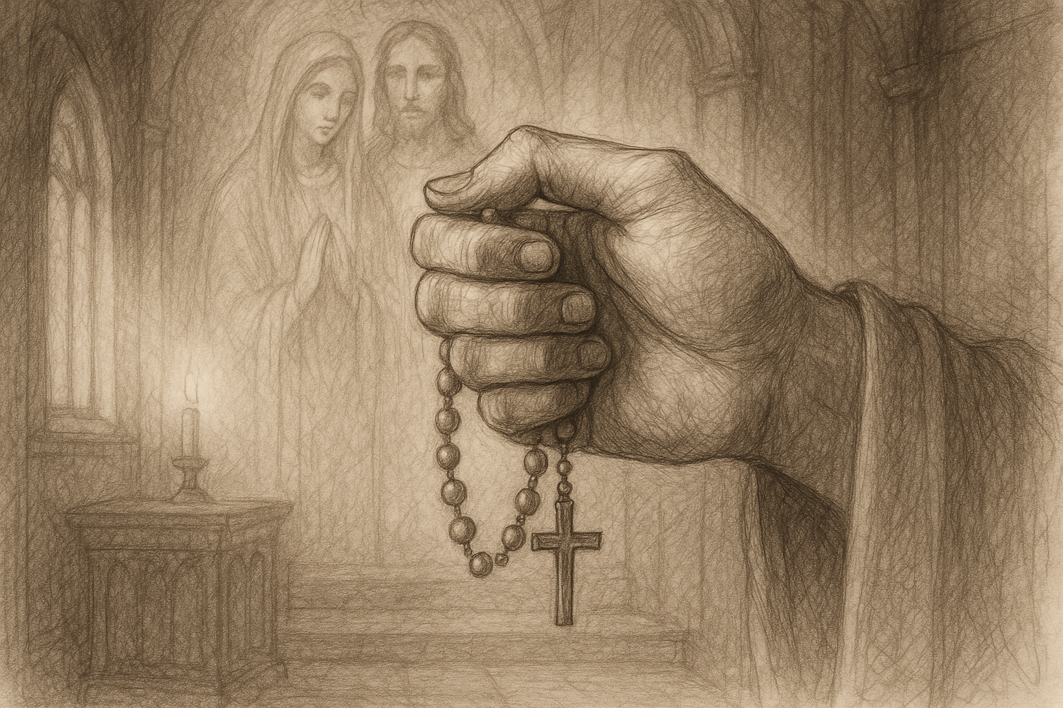 A Catholic hand holding Rosary beads in a quiet chapel setting