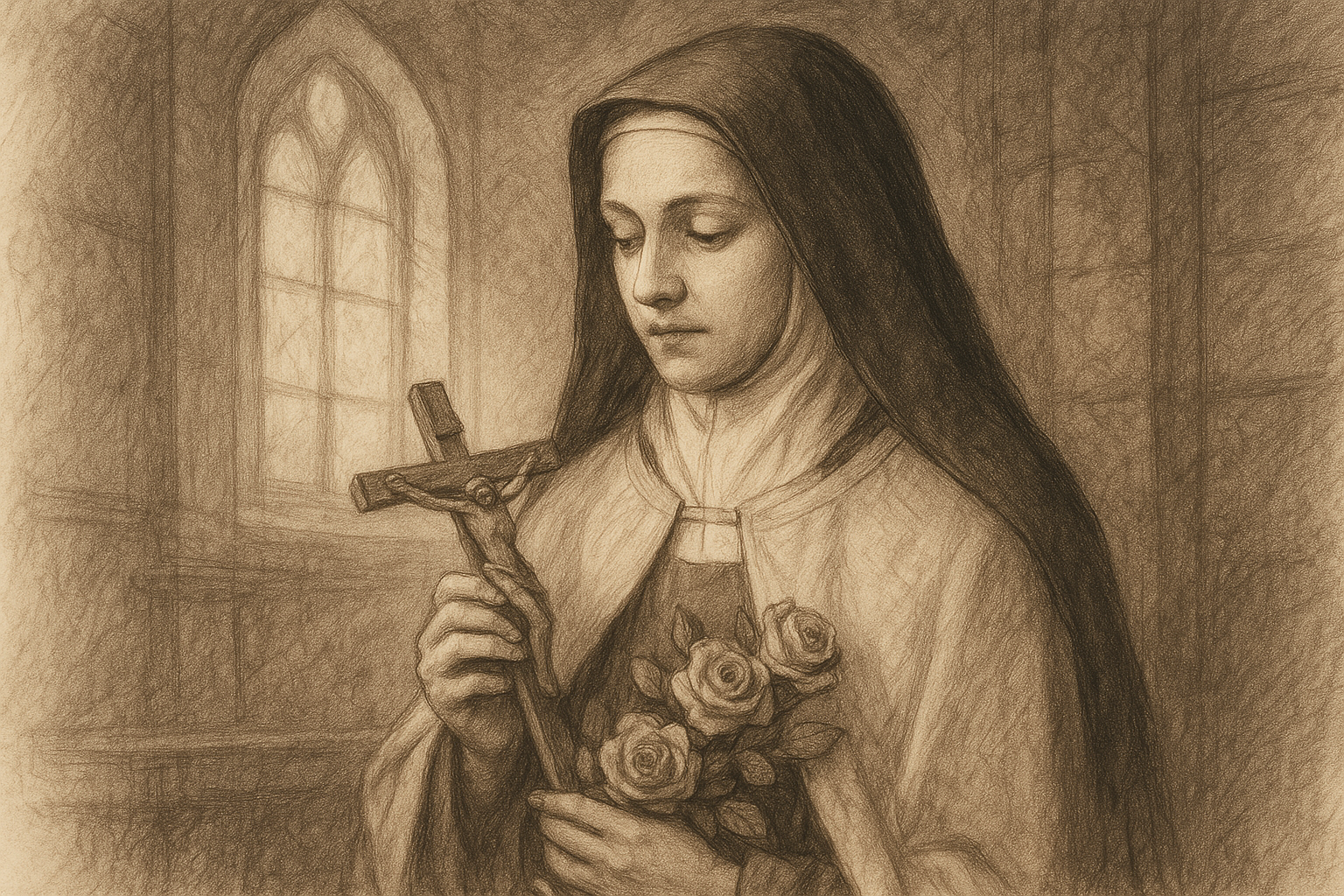 Sketch-style devotional image of St. Therese of Lisieux holding a crucifix and roses in a sacred chapel setting