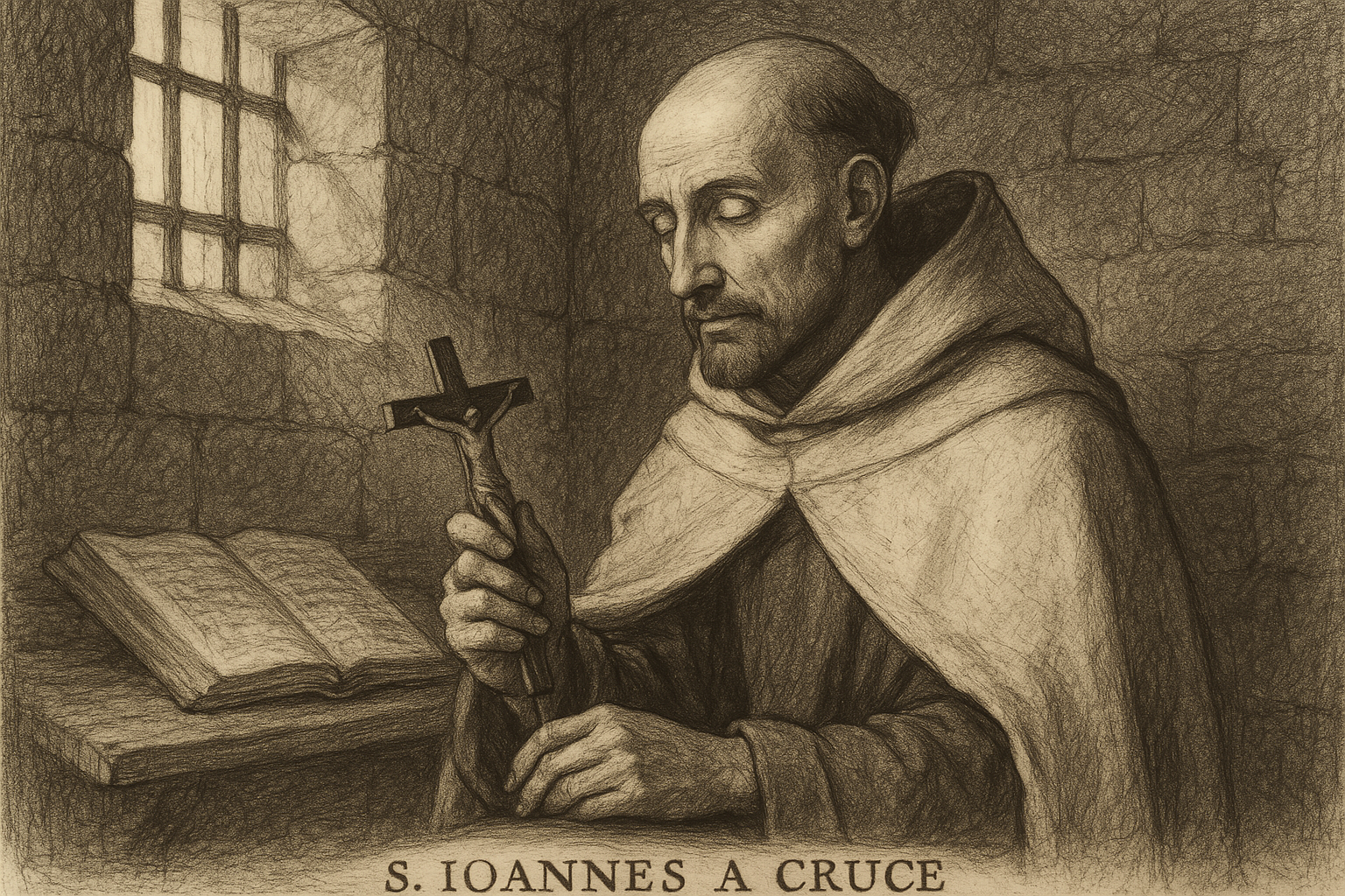 Sketch-style image of St. John of the Cross in a Carmelite cell holding a crucifix and manuscript