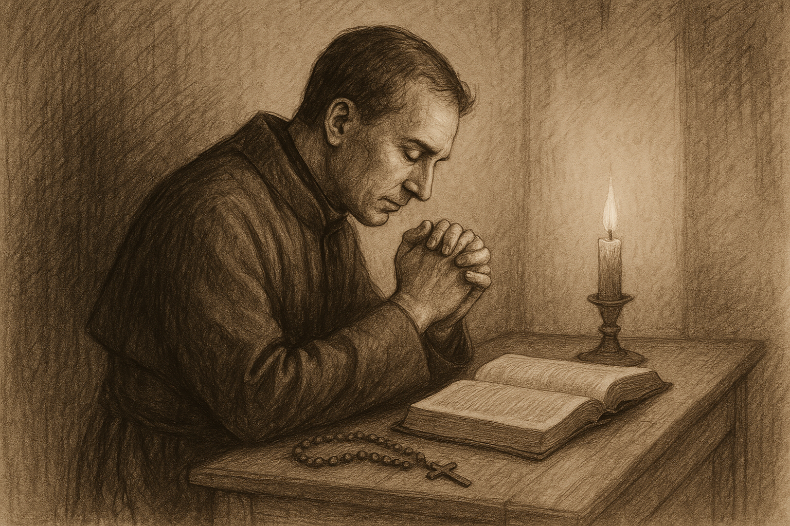 A Catholic praying quietly at a desk by candlelight with a Bible and rosary