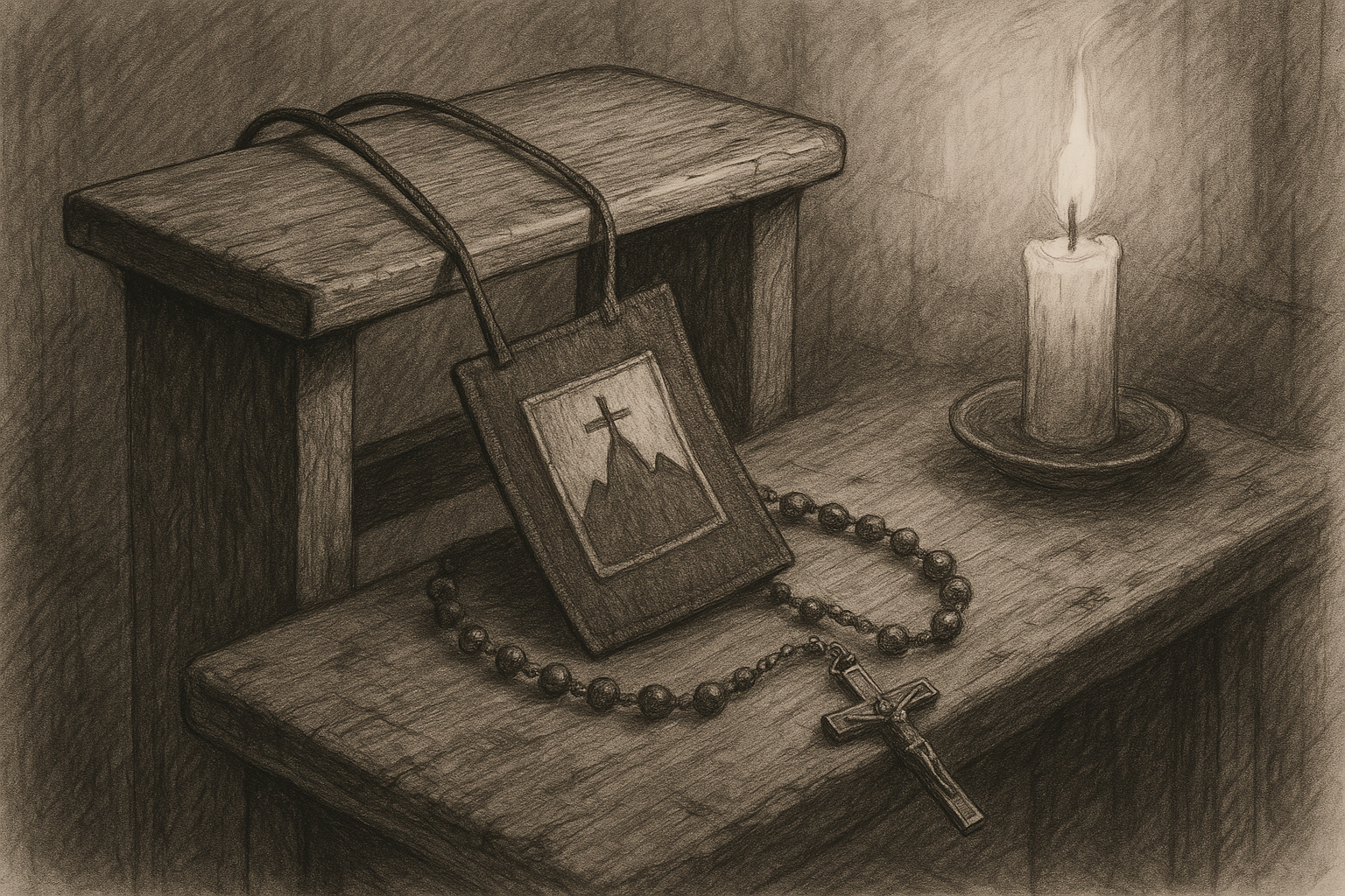 A brown scapular beside a rosary and crucifix in a quiet prayer setting