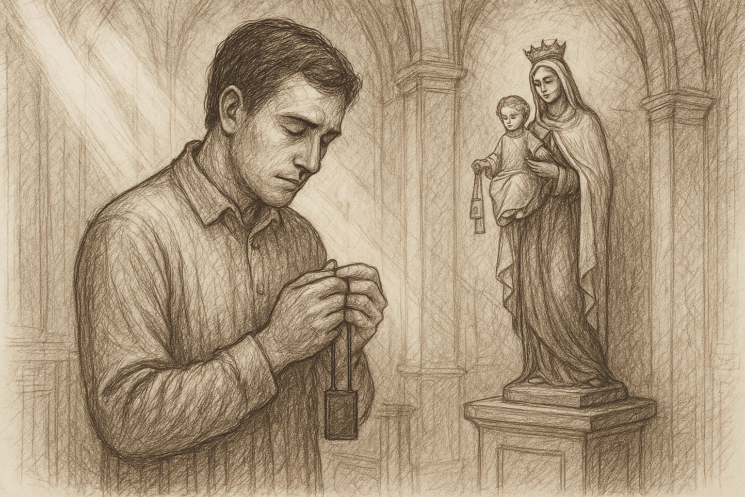 A Catholic devotee holding a brown scapular in a quiet church before Our Lady of Mount Carmel