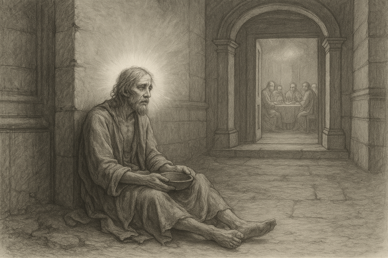 Sketch-style illustration of Lazarus at the gate outside a rich man's house with a solemn sacred atmosphere
