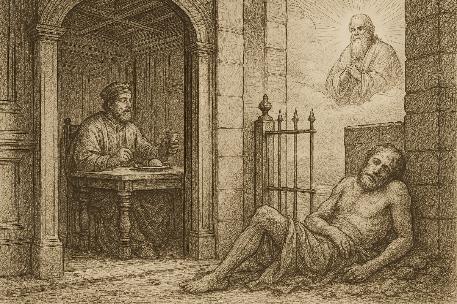 Sketch-style illustration of the rich man at his table and Lazarus at the gate, reflecting the Gospel parable in a reverent biblical scene