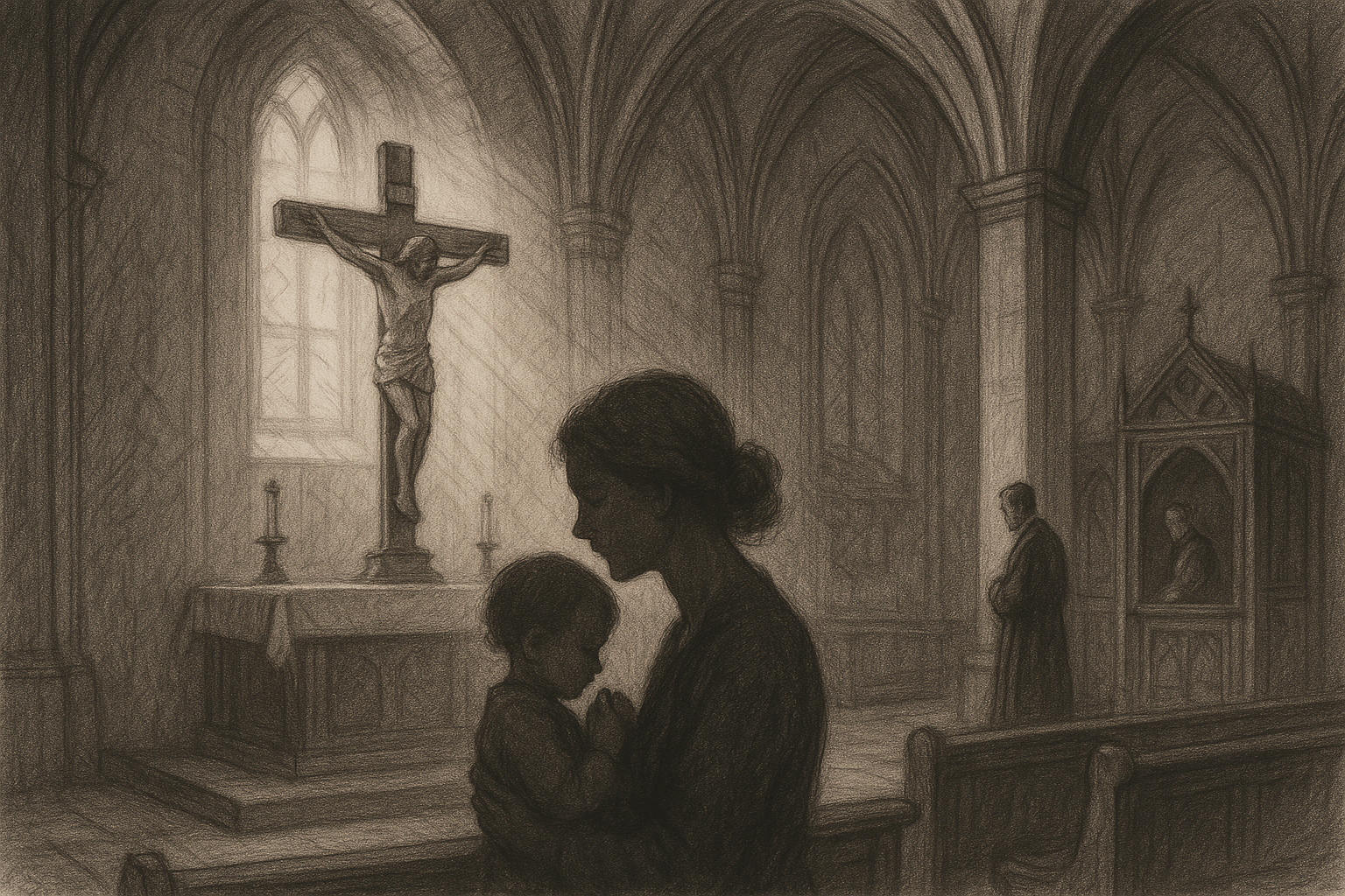 A reverent sketch of a Catholic church scene with prayer, the crucifix, and a quiet atmosphere of mercy and life