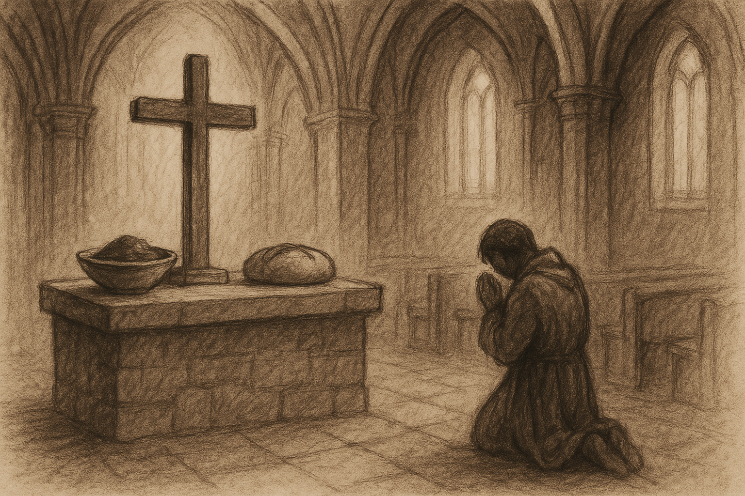 Sketch-style image of a Catholic Lenten scene with ashes, bread, and prayer in a church