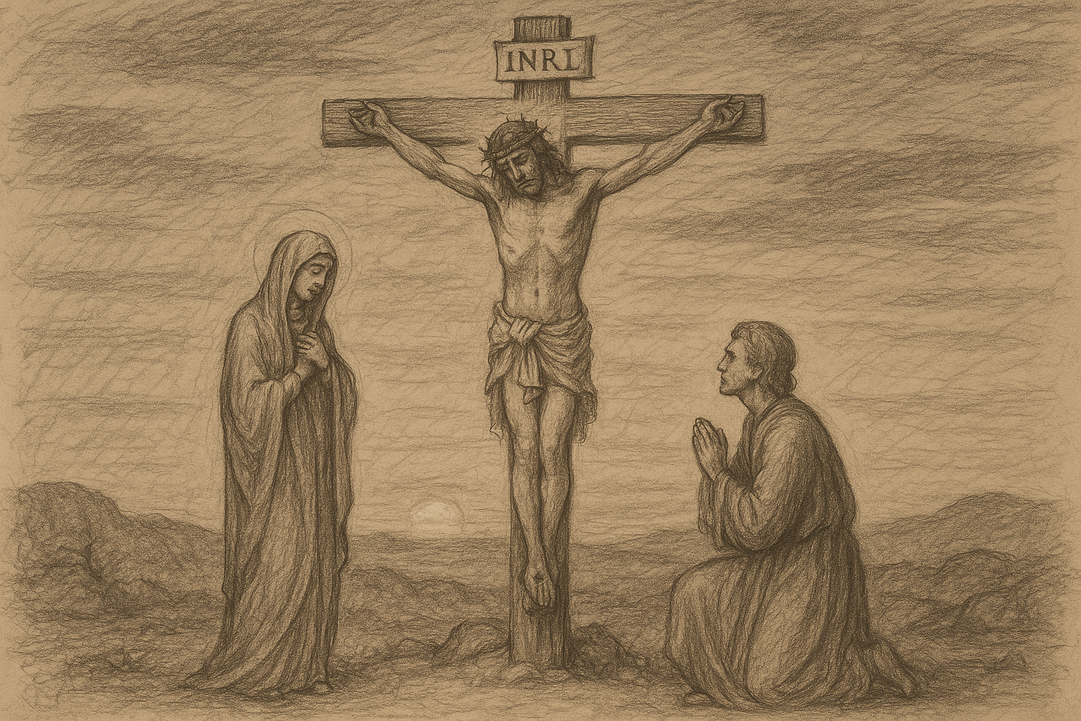 St. John standing with Mary at the foot of the Cross at Calvary