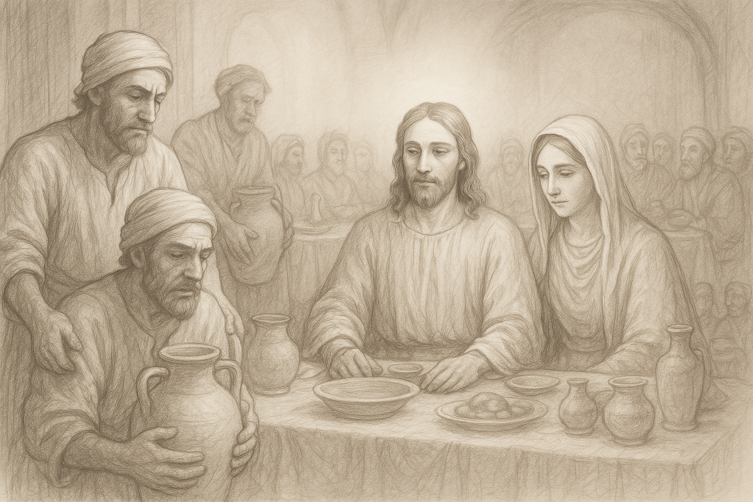 Sketch-style depiction of Jesus, Mary, and the servants at the Wedding at Cana