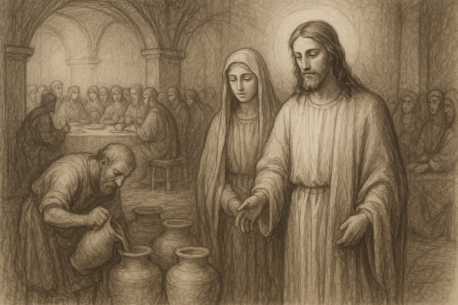 Sketch-style scene of Mary and Jesus at the wedding feast in Cana
