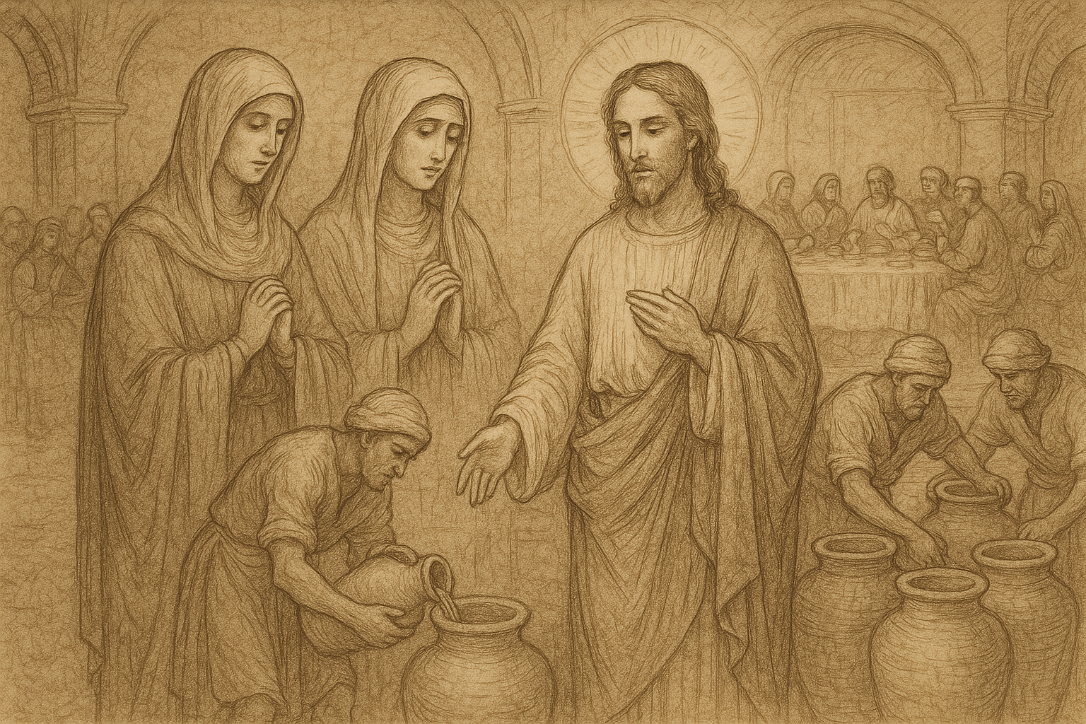 Sketch-style sacred scene of Mary and Jesus at the Wedding at Cana