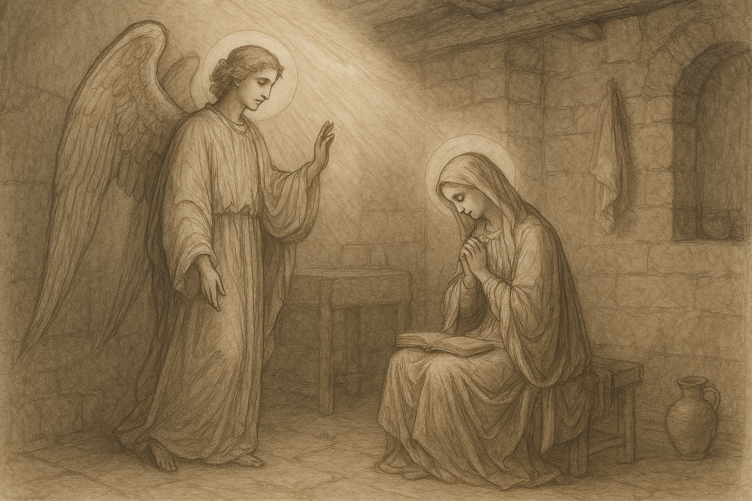 Sketch-style sacred illustration of the Annunciation with the Angel Gabriel and the Virgin Mary in a humble Nazareth room