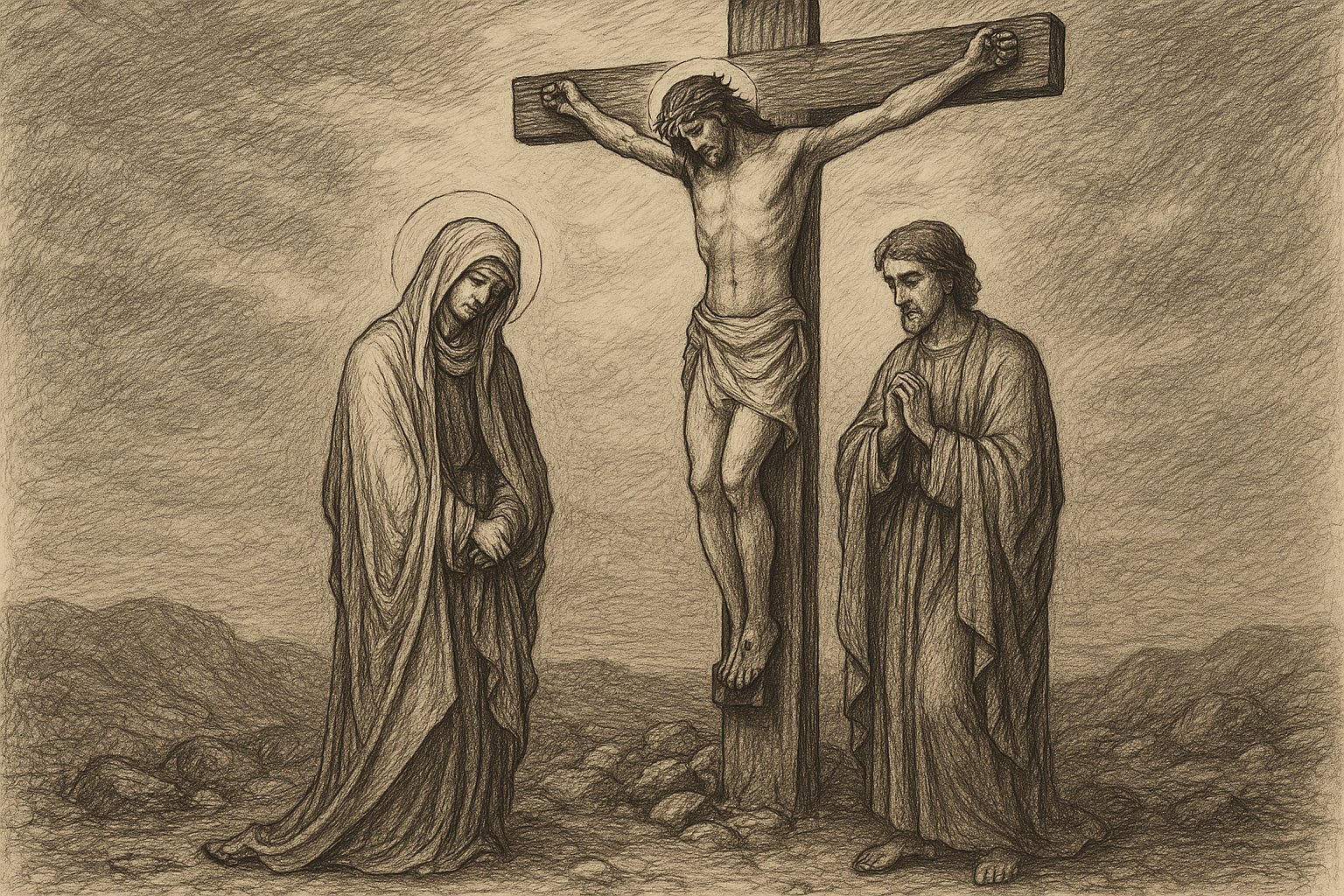 St. John standing with the Blessed Virgin Mary at the foot of the Cross at Calvary