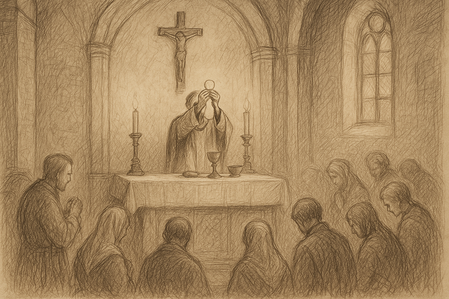 Sketch-style sacred scene of the Liturgy of the Eucharist at a Catholic altar