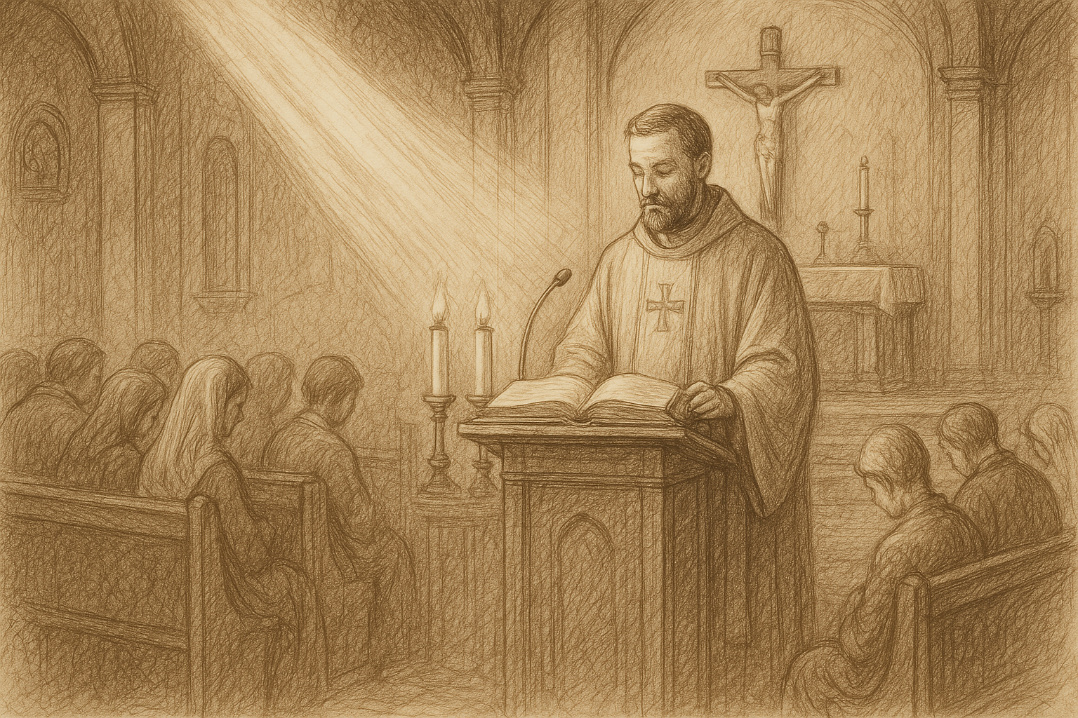 A reverent sketch of the Liturgy of the Word at Catholic Mass with Scripture proclaimed from the ambo