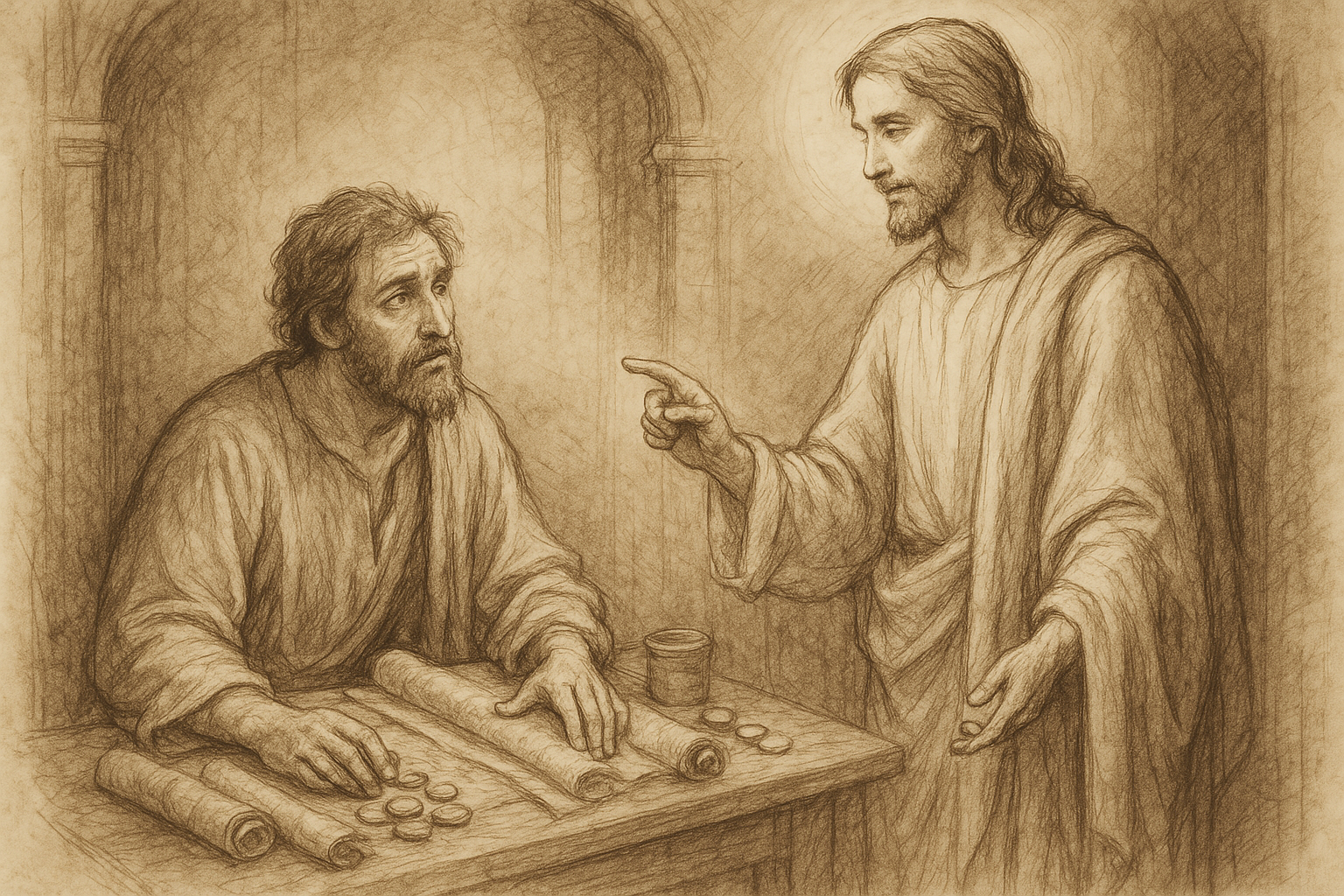 Sketch-style depiction of Jesus calling St. Matthew at the tax booth
