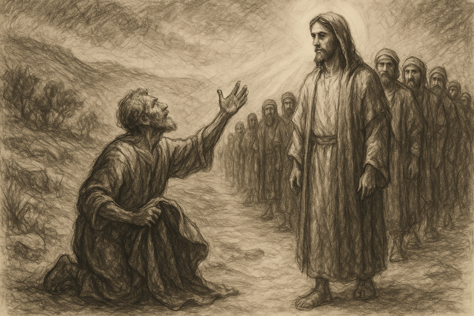 Jesus calling blind Bartimaeus by the roadside as Bartimaeus rises in faith