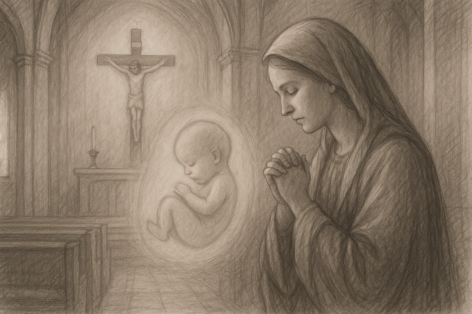 Sketch-style sacred illustration of a praying mother in a parish sanctuary with reverent light suggesting unborn life