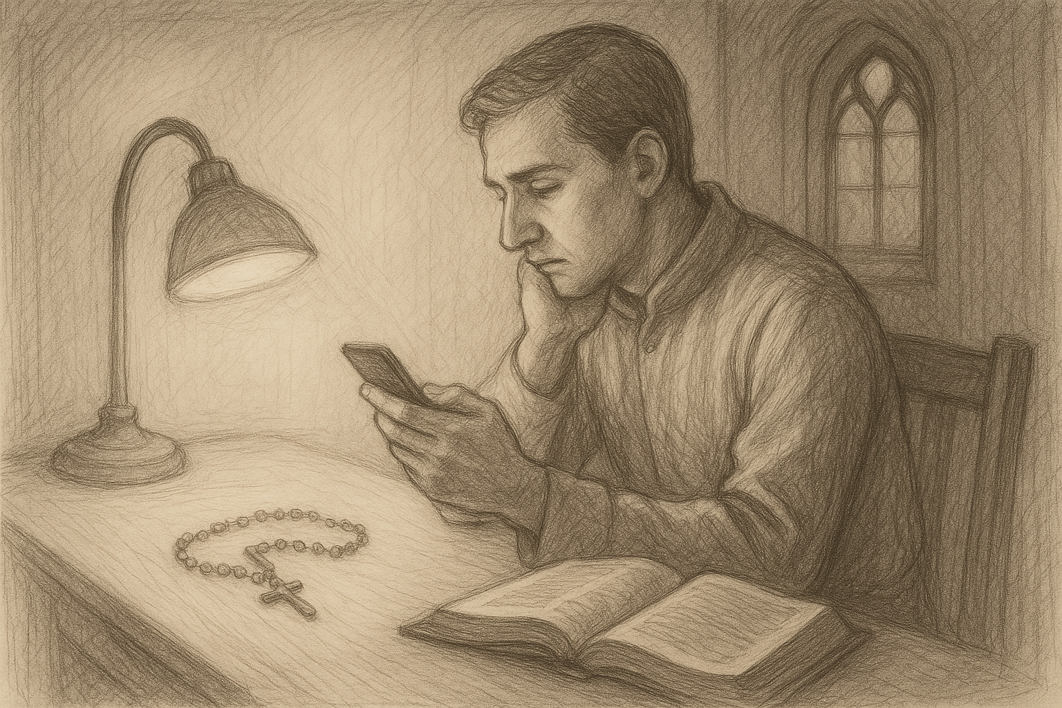 A Catholic reflecting prayerfully beside a phone, Bible, and rosary in soft sacred light