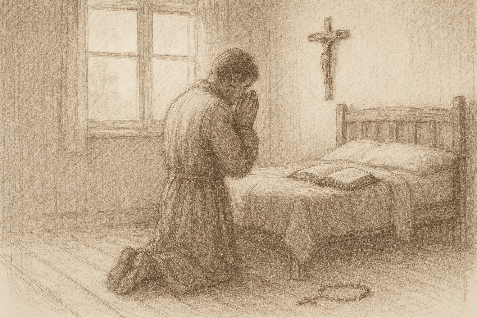 A Catholic kneeling in morning prayer beside a bed with a crucifix and open Bible