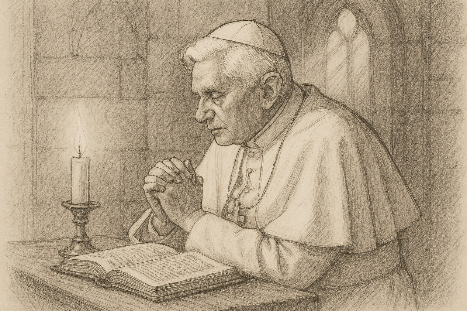 Sketch-style portrait of Pope Benedict XVI in a quiet sacred setting