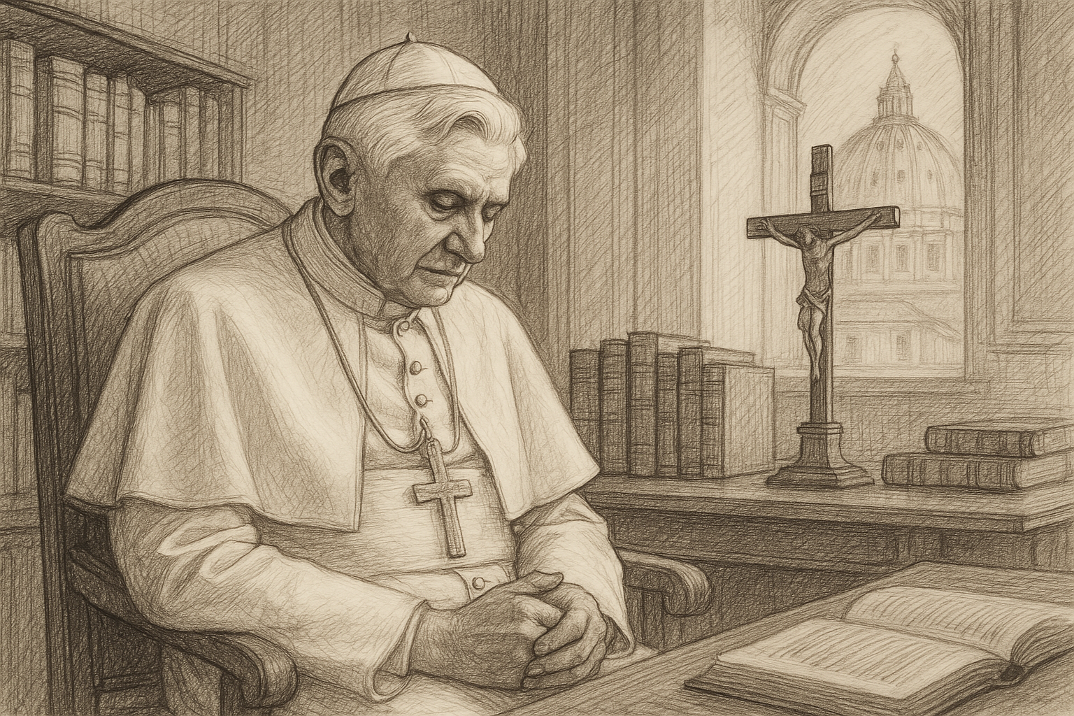Sketch-style portrait of Pope Benedict XVI in a quiet Roman study with books and a crucifix