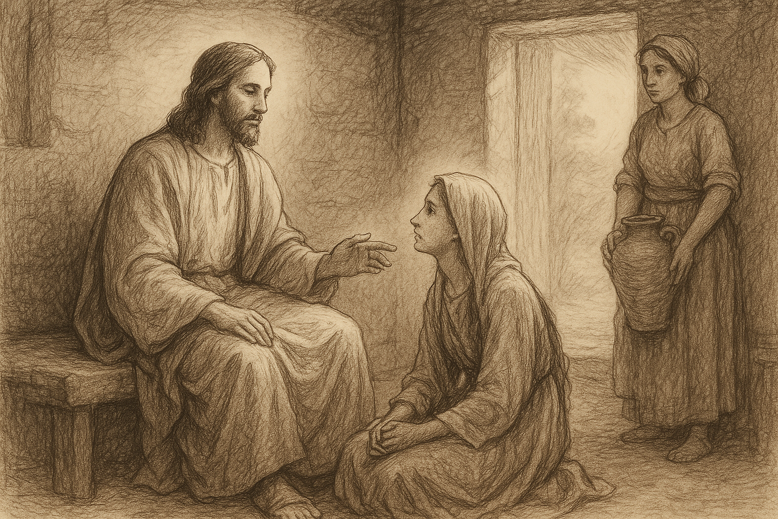 Sketch-style scene of Jesus in Bethany with Mary listening at his feet and Martha serving nearby
