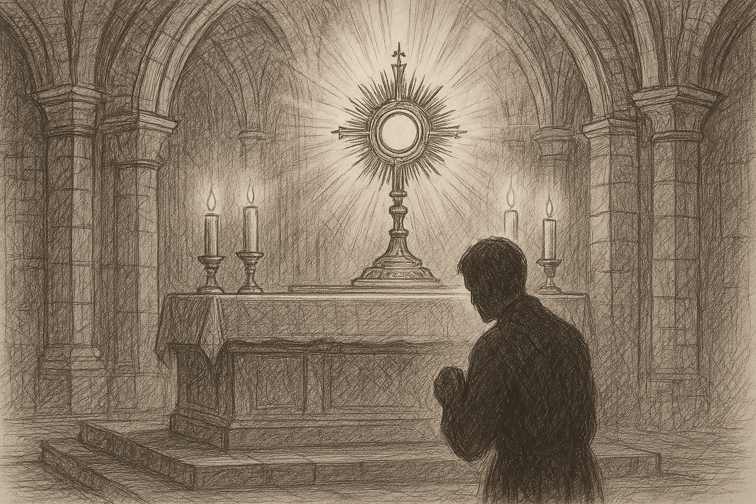 Sketch-style image of Eucharistic adoration before the monstrance in a Catholic church