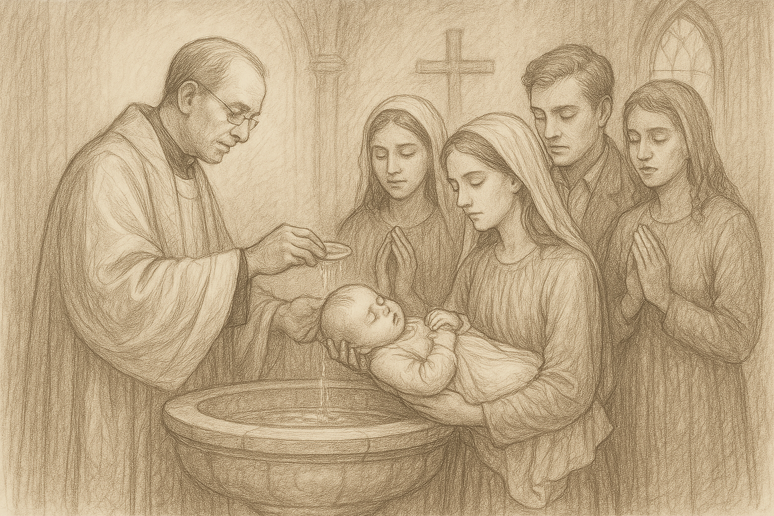 A priest baptizing an infant at a baptismal font in a reverent Catholic church