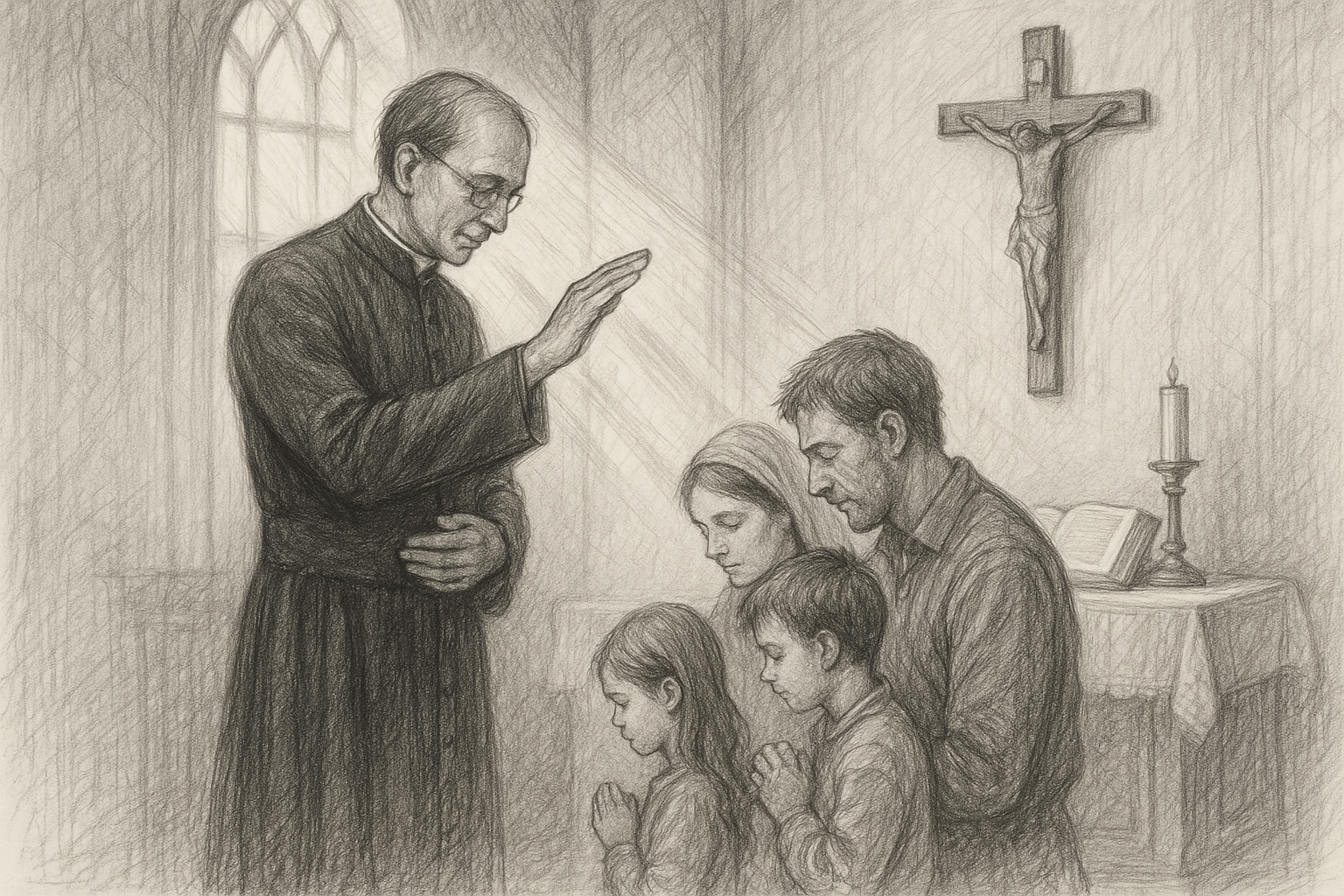A Catholic priest offering a gentle blessing in a church, shown in a reverent sketch style
