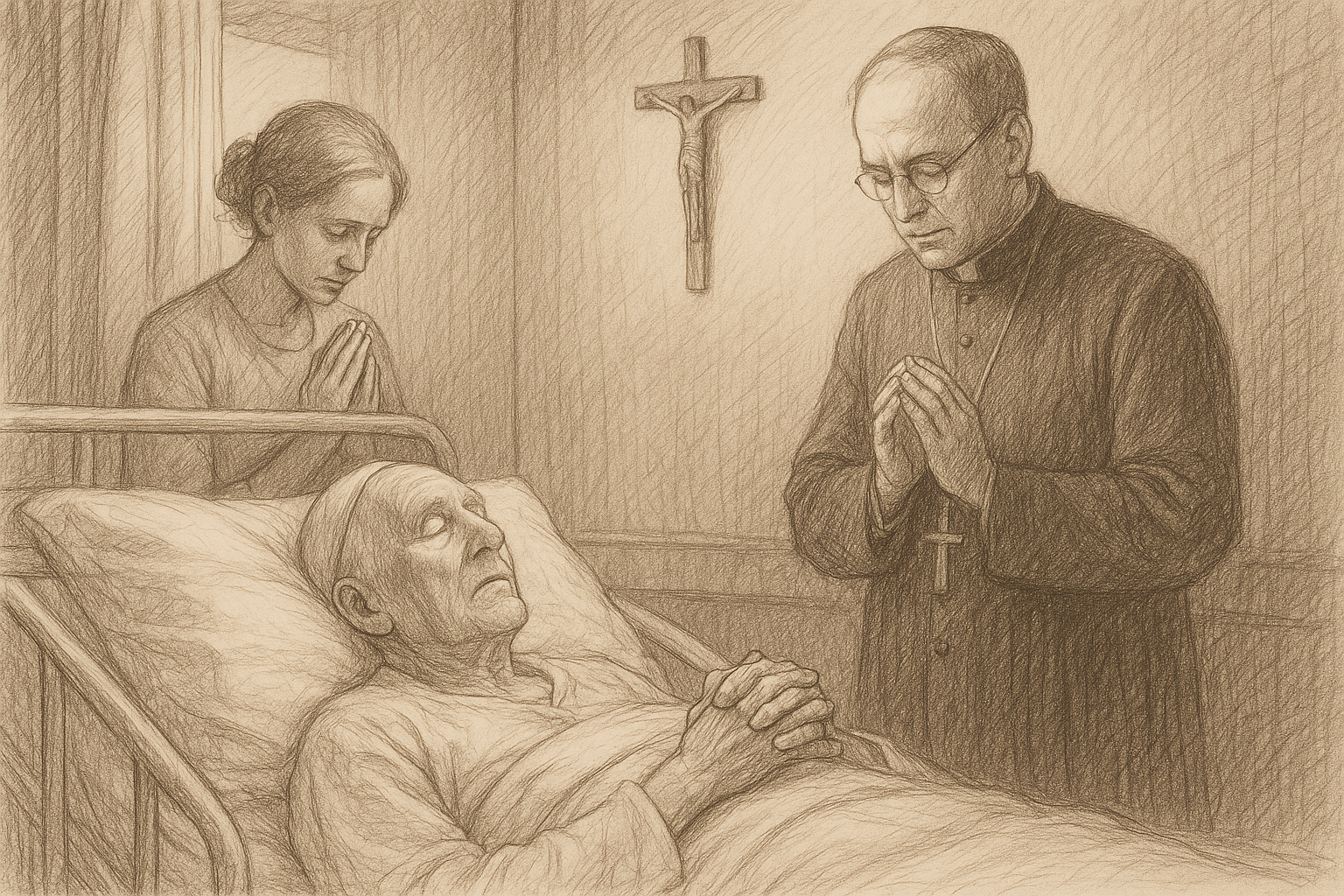 A priest and family member praying beside a dying Catholic patient in a quiet hospital room