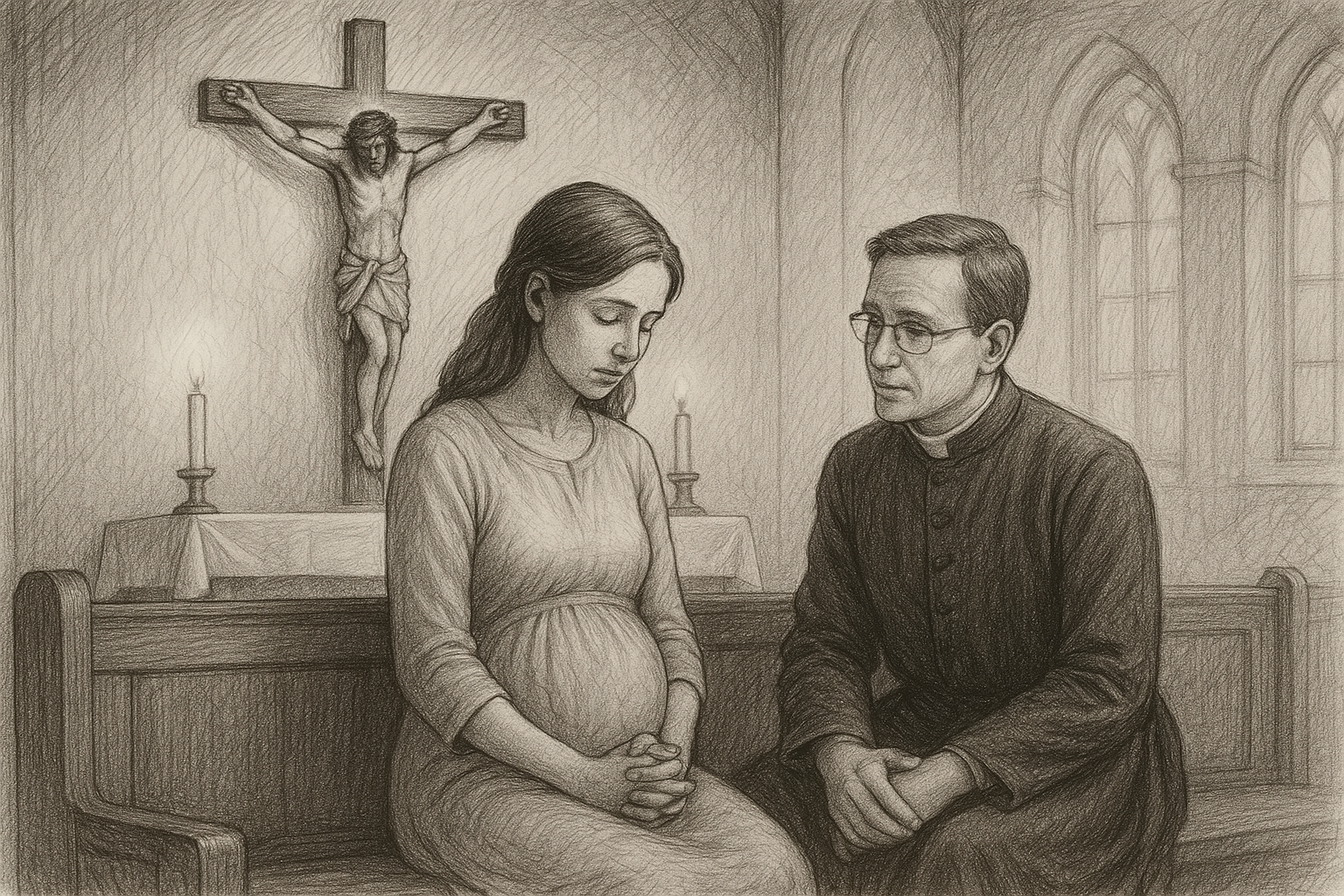 Sketch-style image of a Catholic priest offering pastoral support to a pregnant woman in prayer before a crucifix