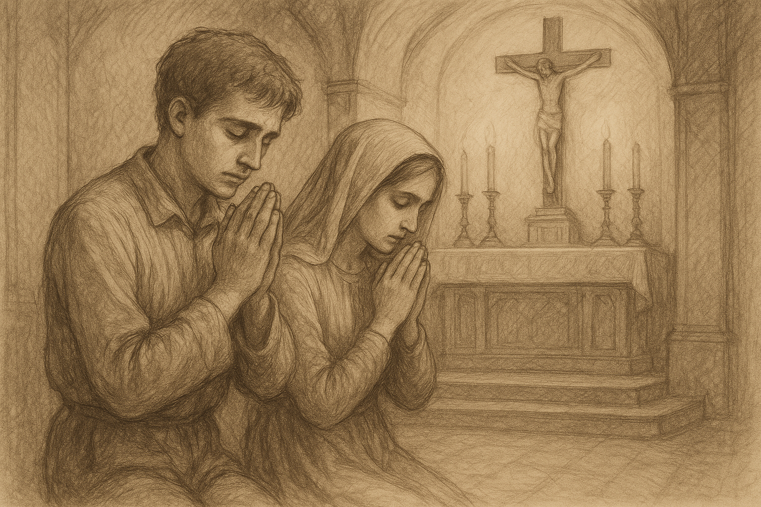 Sketch-style image of a Catholic couple praying in a chapel with a crucifix and soft sacred light