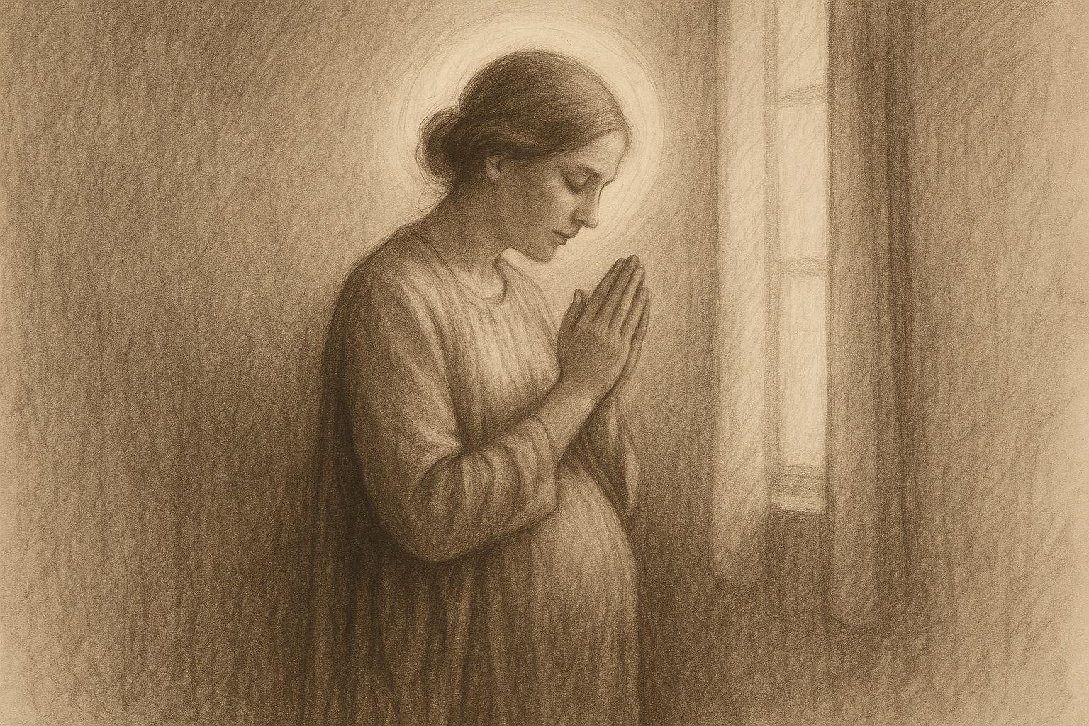 Sketch-style image of a pregnant woman in prayer with soft sacred light, expressing the dignity of unborn life