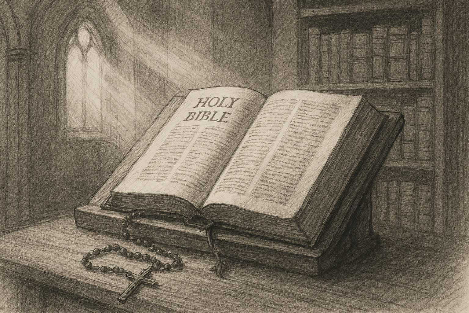 An open Catholic Bible on a lectern with a rosary in a softly lit church