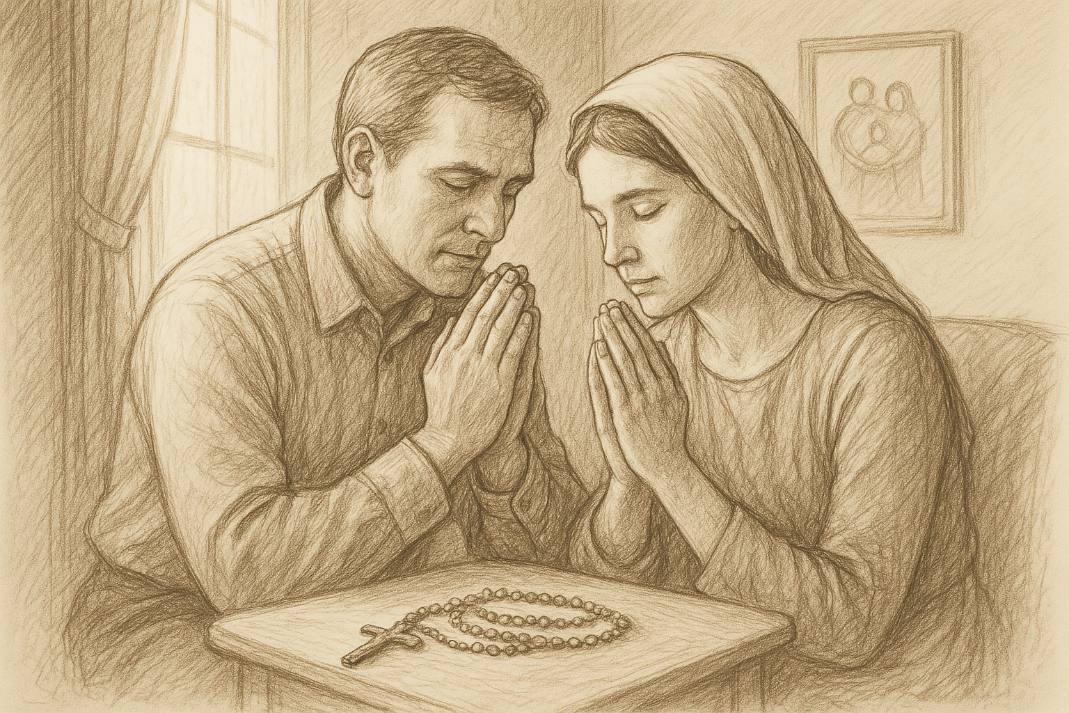 A reverent sketch of a married couple praying together in a Catholic home