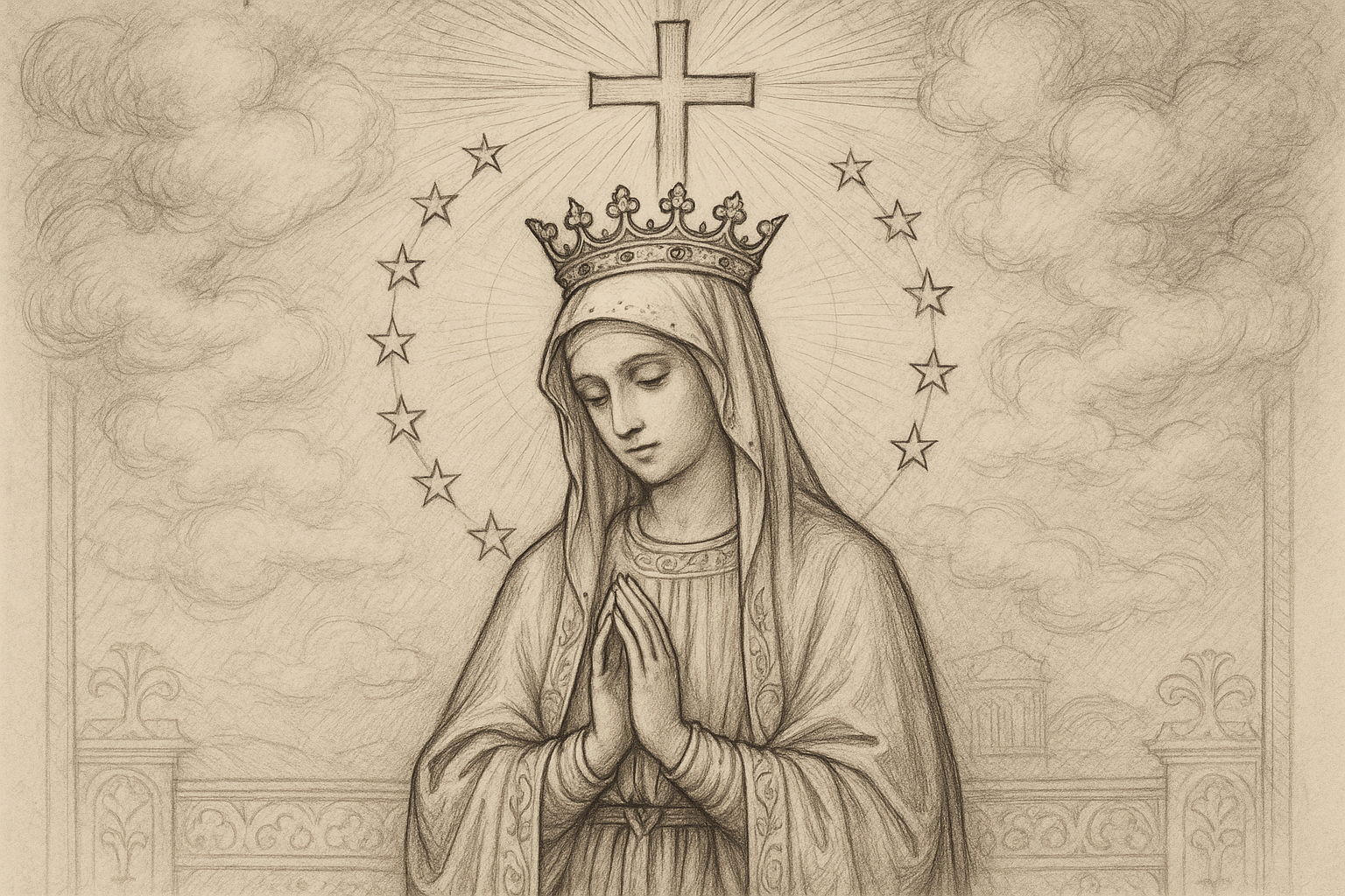 Reverent sketch of the Blessed Virgin Mary crowned as Queen of Heaven in a sacred Catholic style