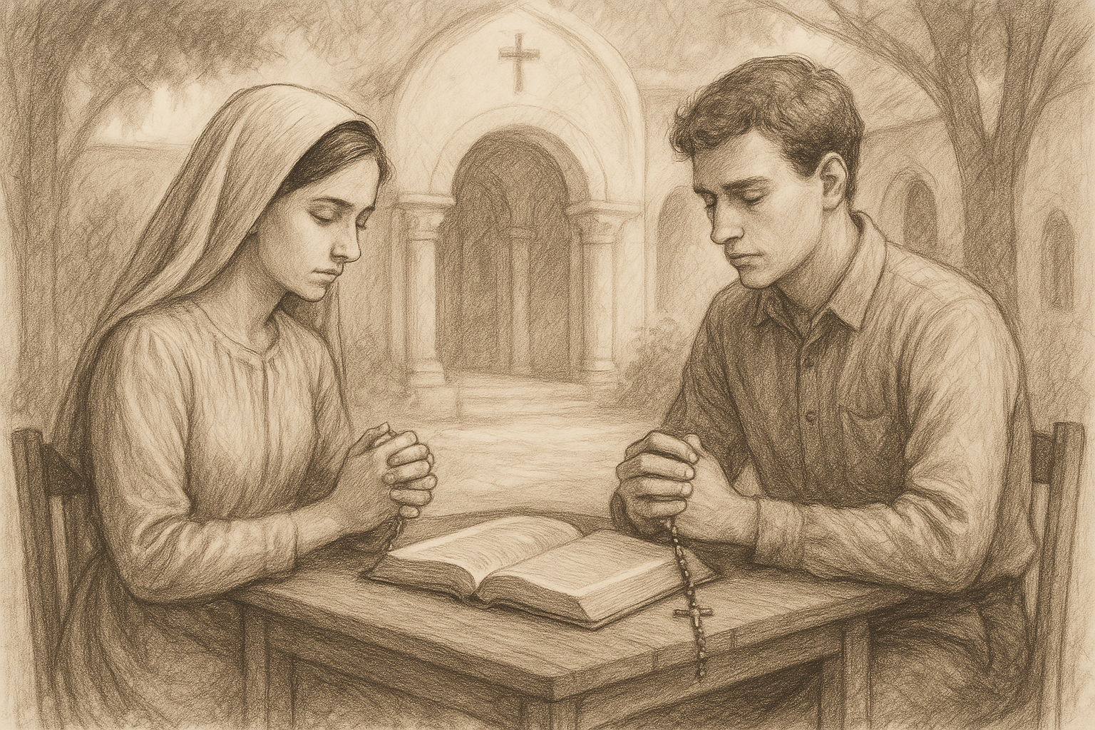 Sketch-style image of a Catholic couple in a quiet chapel courtyard reflecting prayerfully over an open Bible