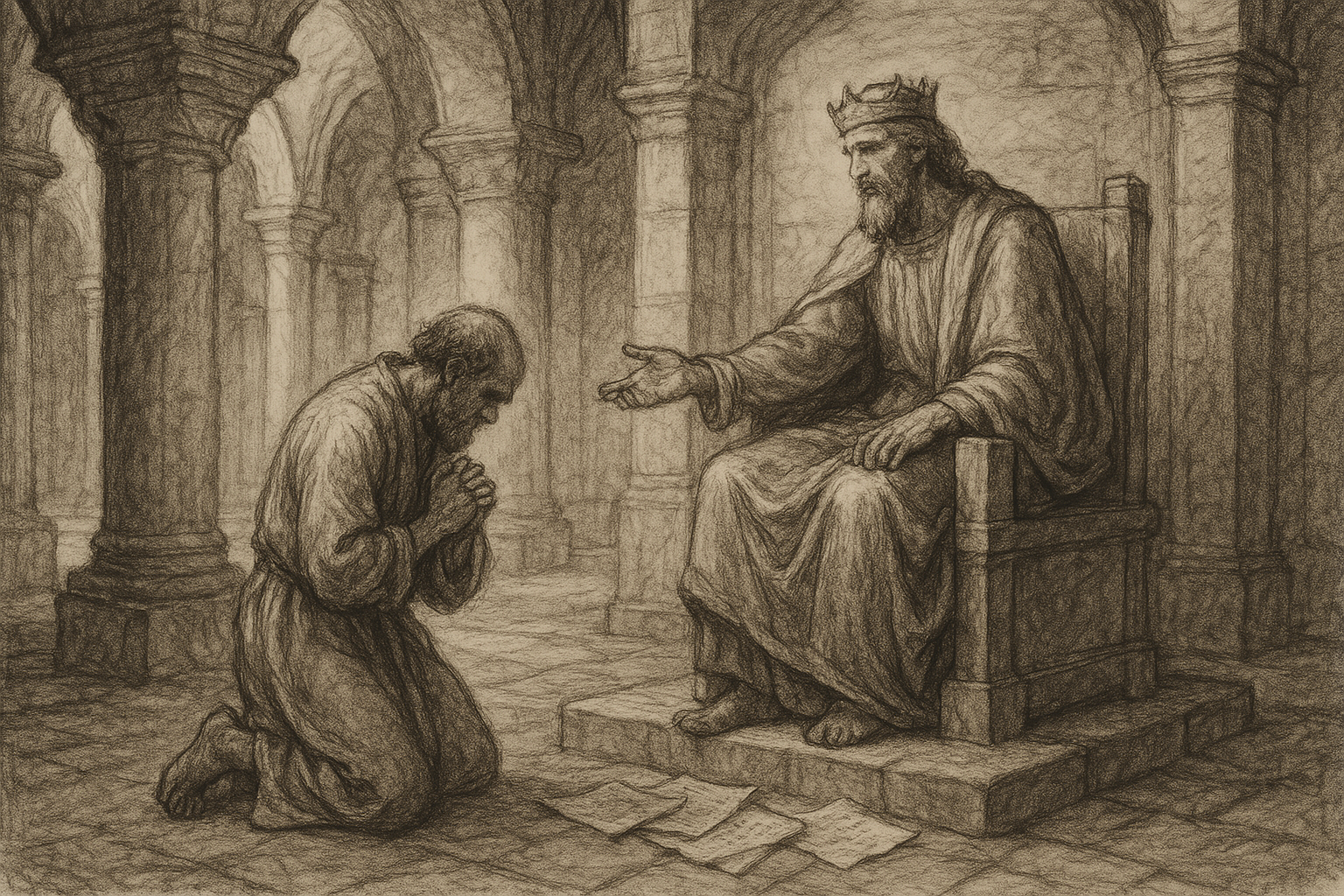 Sketch-style biblical scene of a king forgiving a kneeling servant in a solemn ancient courtyard